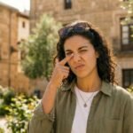 Persona con alergia ocular en primavera en Úbeda protegiendo sus ojos del polen