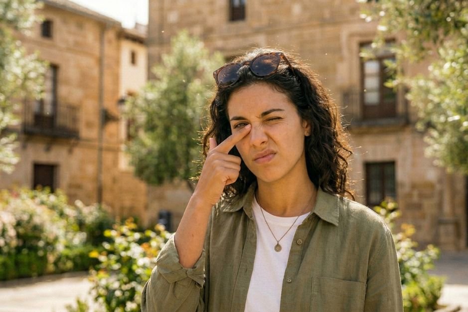 Persona con alergia ocular en primavera en Úbeda protegiendo sus ojos del polen
